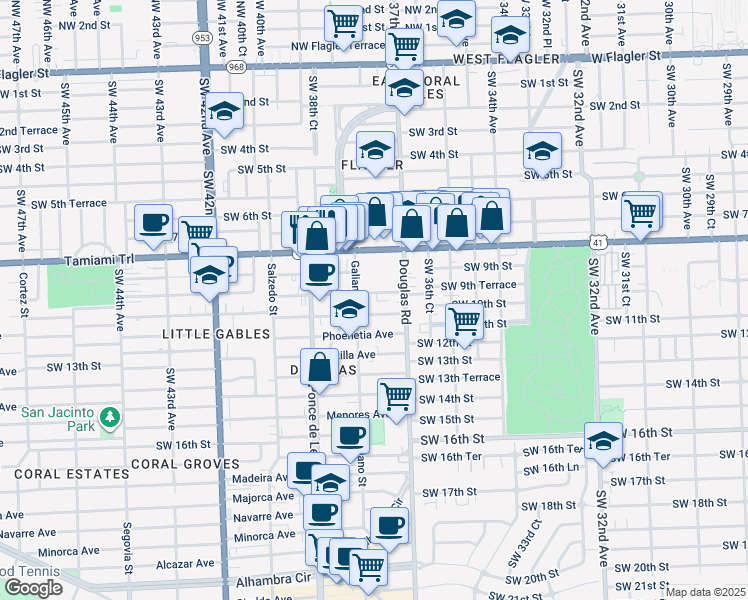 map of restaurants, bars, coffee shops, grocery stores, and more near 21 Santillane Avenue in Coral Gables