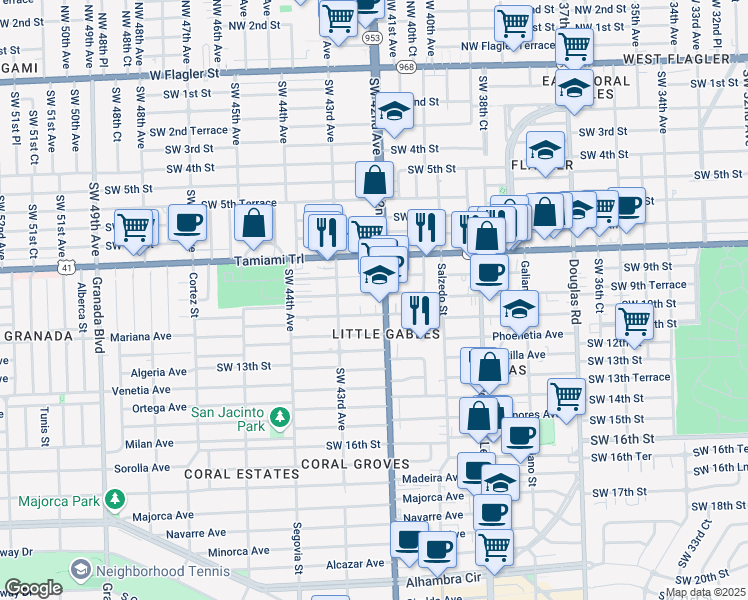map of restaurants, bars, coffee shops, grocery stores, and more near 990 North Le Jeune Road in Coral Gables