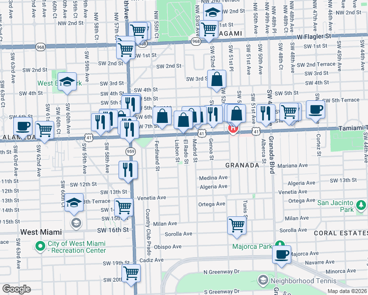 map of restaurants, bars, coffee shops, grocery stores, and more near 833 El Rado Street in Coral Gables