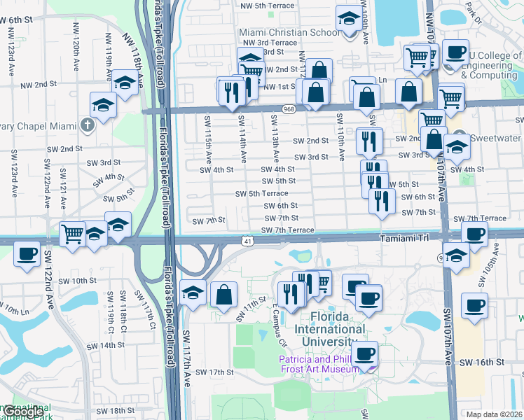 map of restaurants, bars, coffee shops, grocery stores, and more near 11313 Southwest 7th Street in Miami