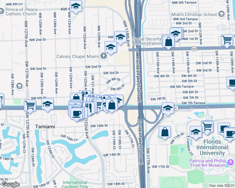 map of restaurants, bars, coffee shops, grocery stores, and more near 11875 Southwest 6th Street in Miami