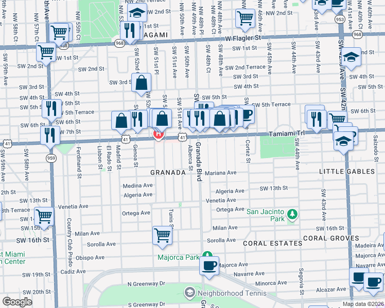 map of restaurants, bars, coffee shops, grocery stores, and more near 911 Granada Boulevard in Coral Gables
