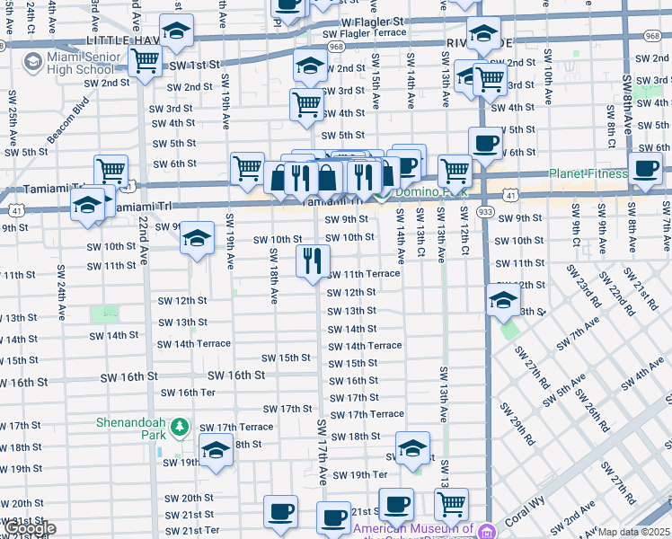 map of restaurants, bars, coffee shops, grocery stores, and more near 1649 Southwest 11th Terrace in Miami