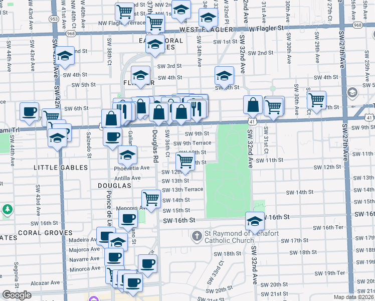 map of restaurants, bars, coffee shops, grocery stores, and more near 3600 Southwest 10th Street in Miami