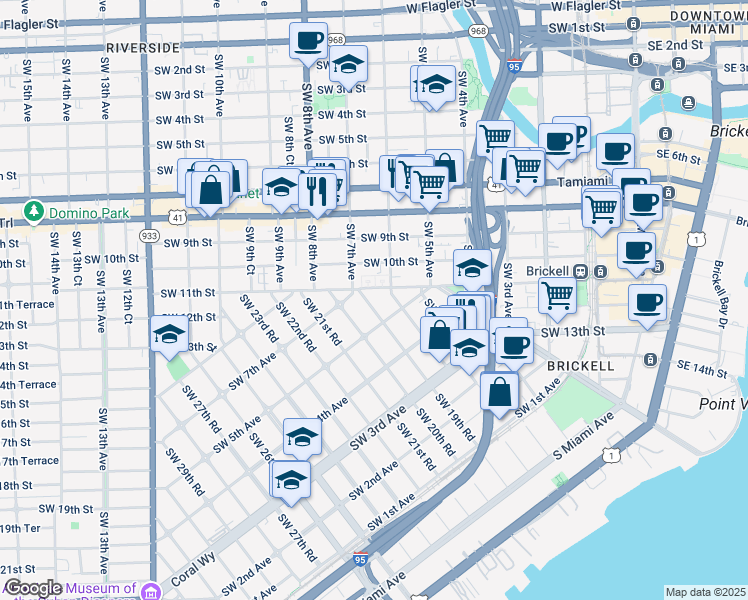 map of restaurants, bars, coffee shops, grocery stores, and more near 655 Southwest 19th Road in Miami