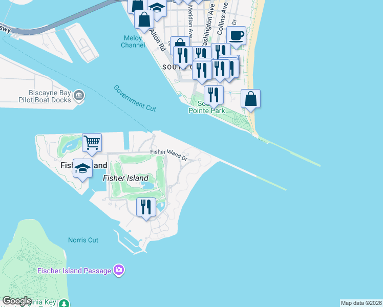 map of restaurants, bars, coffee shops, grocery stores, and more near 7134 Fisher Island Drive in Miami Beach