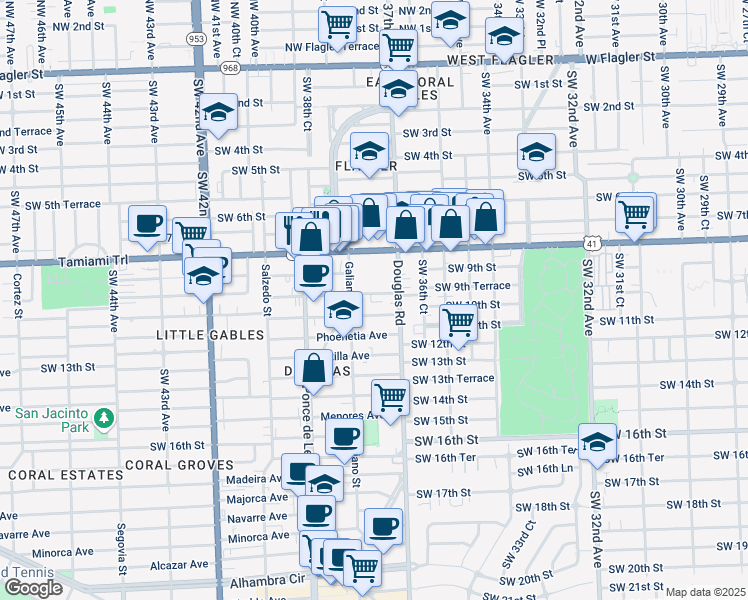 map of restaurants, bars, coffee shops, grocery stores, and more near 21 Santillane Avenue in Coral Gables