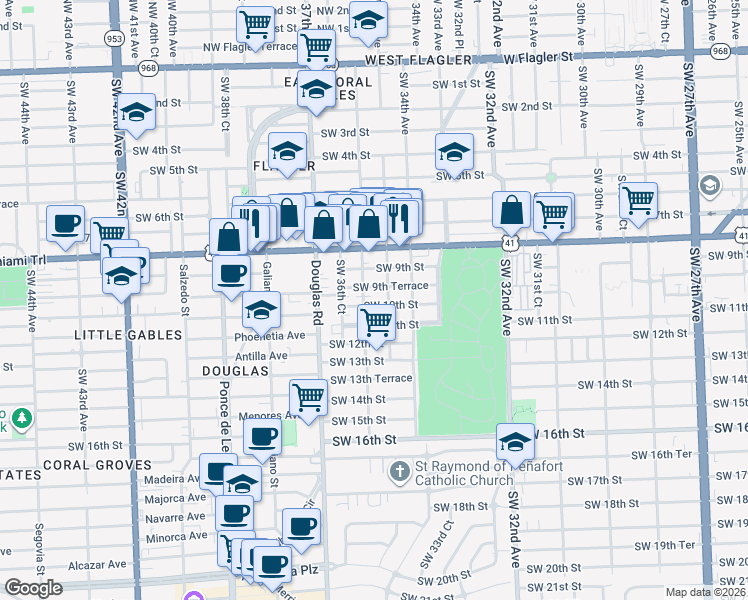 map of restaurants, bars, coffee shops, grocery stores, and more near 3600 Southwest 10th Street in Miami