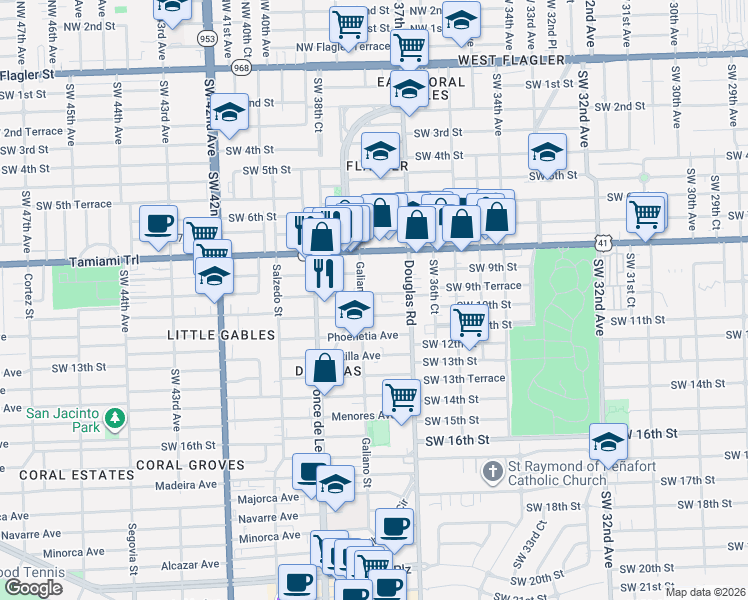 map of restaurants, bars, coffee shops, grocery stores, and more near 40 Calabria Avenue in Coral Gables