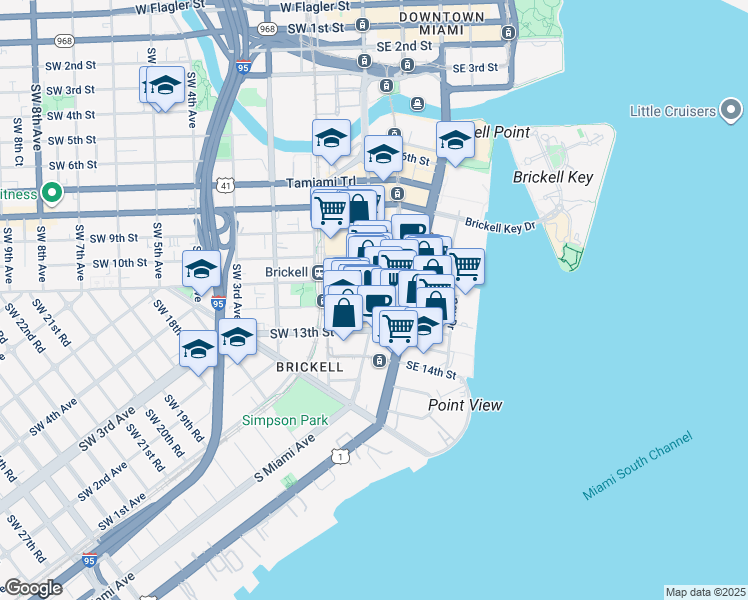 map of restaurants, bars, coffee shops, grocery stores, and more near 1111 South Miami Avenue in Miami