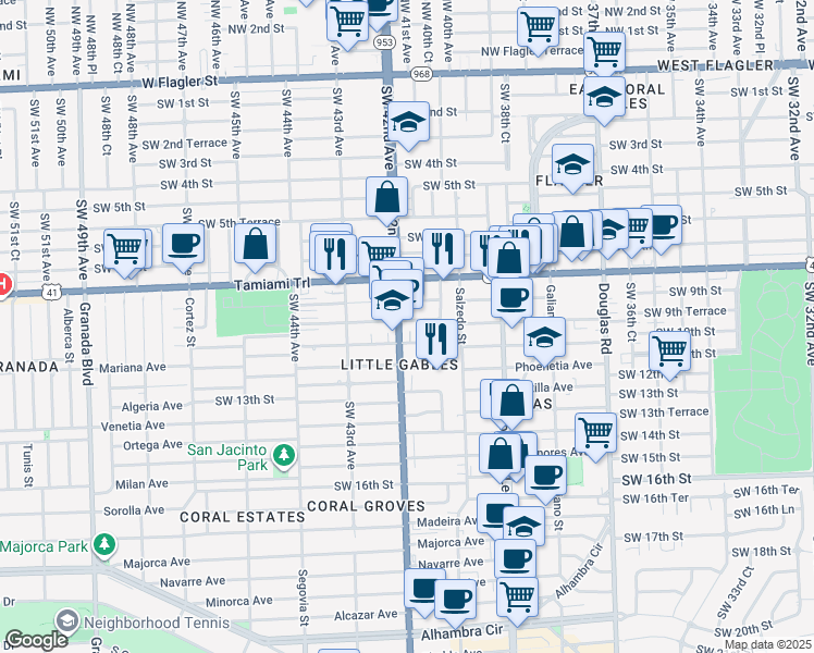 map of restaurants, bars, coffee shops, grocery stores, and more near 990 North Le Jeune Road in Coral Gables