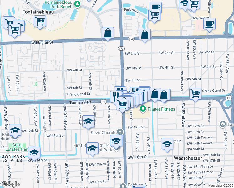 map of restaurants, bars, coffee shops, grocery stores, and more near 629 Southwest 87th Place in Miami