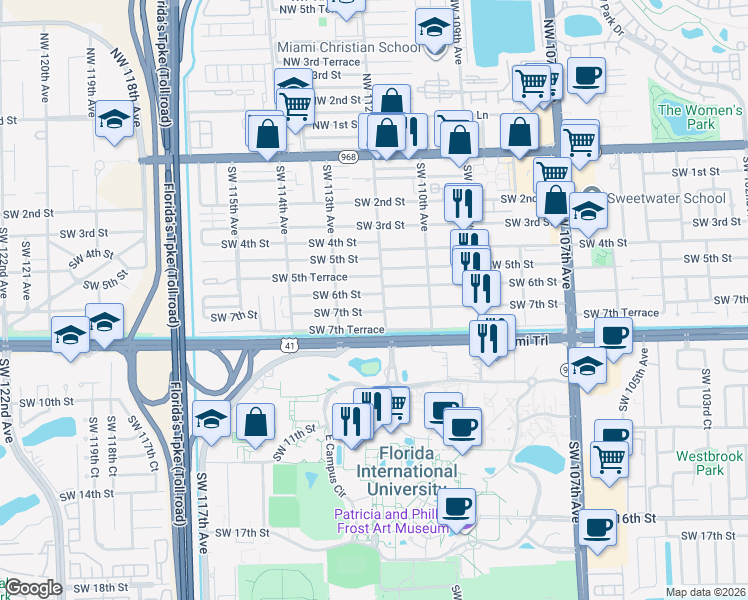 map of restaurants, bars, coffee shops, grocery stores, and more near 11218 Southwest 6th Street in Miami