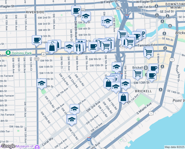map of restaurants, bars, coffee shops, grocery stores, and more near 600 Southwest 19th Road in Miami