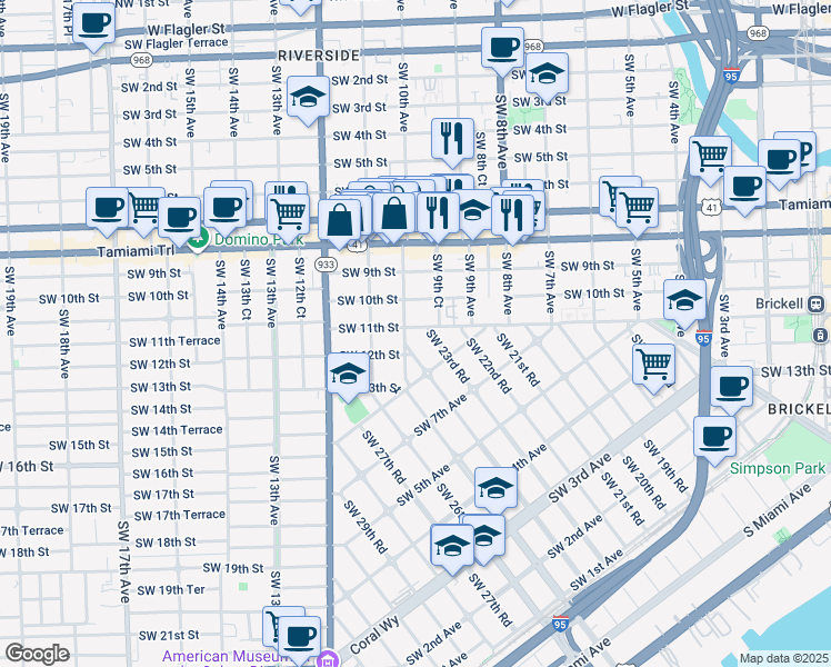 map of restaurants, bars, coffee shops, grocery stores, and more near 1029 Southwest 24th Road in Miami
