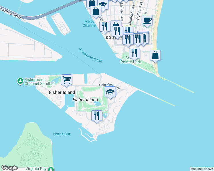 map of restaurants, bars, coffee shops, grocery stores, and more near 7071 Fisher Island Drive in Miami Beach
