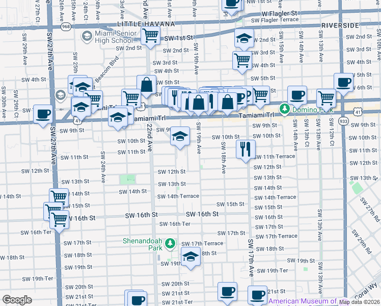 map of restaurants, bars, coffee shops, grocery stores, and more near 1111 Southwest 20th Avenue in Miami