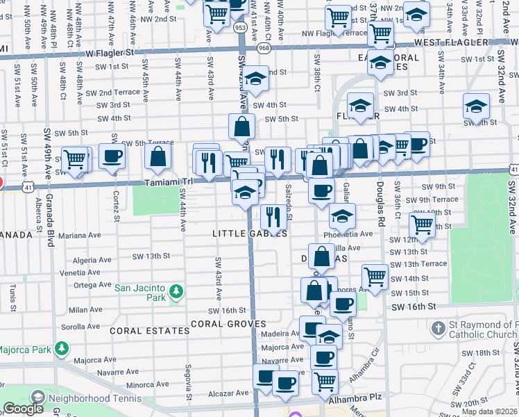 map of restaurants, bars, coffee shops, grocery stores, and more near 4005 Southwest 10th Street in Miami