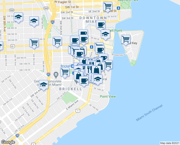 map of restaurants, bars, coffee shops, grocery stores, and more near 1111 South Miami Avenue in Miami