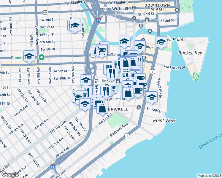 map of restaurants, bars, coffee shops, grocery stores, and more near 1180 Southwest 2nd Avenue in Miami