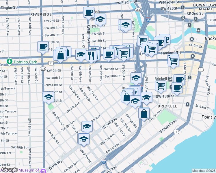 map of restaurants, bars, coffee shops, grocery stores, and more near 600 Southwest 19th Road in Miami