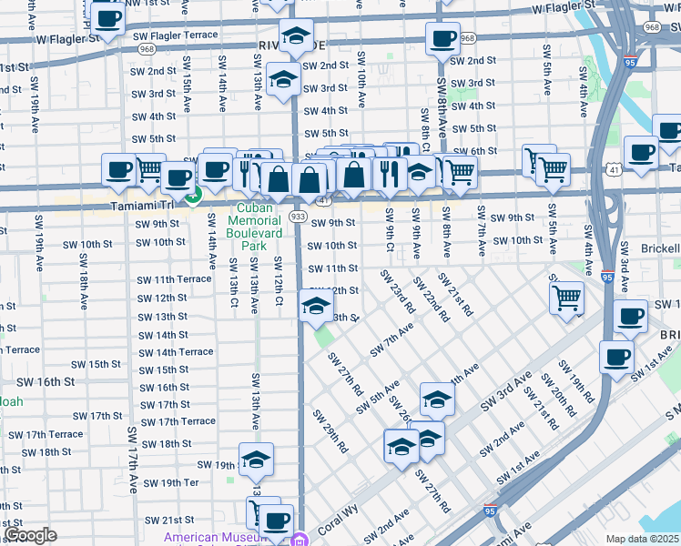 map of restaurants, bars, coffee shops, grocery stores, and more near 1115 Southwest 11th Avenue in Miami