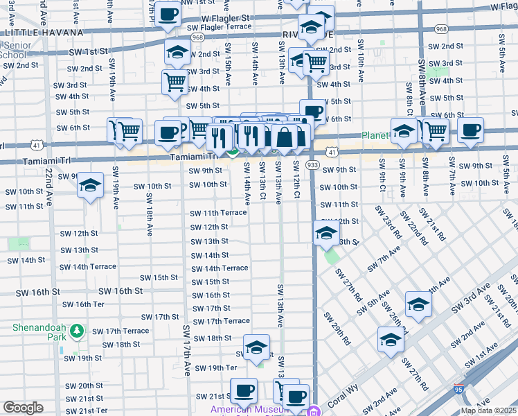map of restaurants, bars, coffee shops, grocery stores, and more near 1127 Southwest 13th Court in Miami
