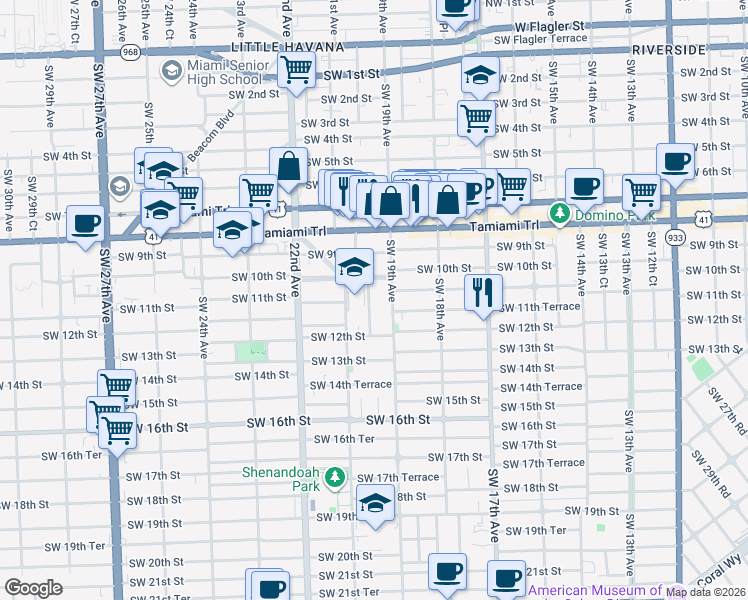 map of restaurants, bars, coffee shops, grocery stores, and more near 1111 Southwest 20th Avenue in Miami