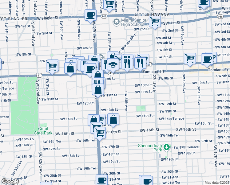 map of restaurants, bars, coffee shops, grocery stores, and more near 291 Southwest 11th Street in Miami