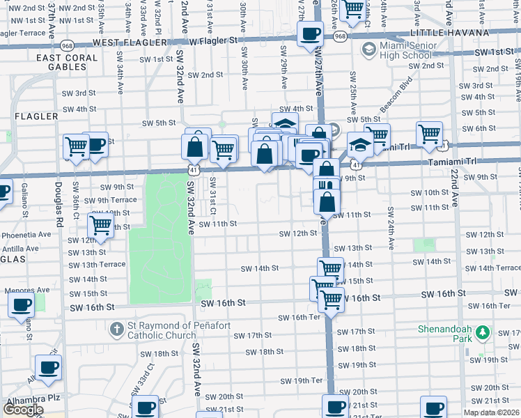 map of restaurants, bars, coffee shops, grocery stores, and more near 1025 Southwest 30th Avenue in Miami