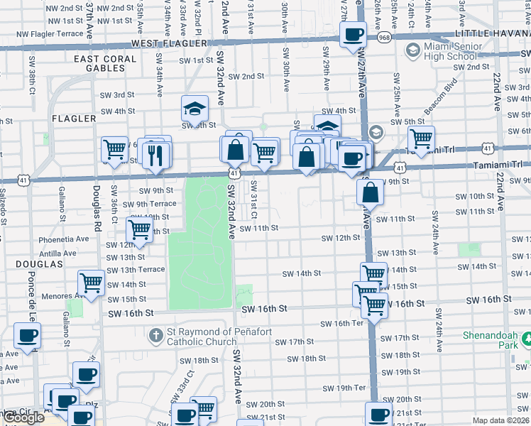 map of restaurants, bars, coffee shops, grocery stores, and more near 923 Southwest 31st Court in Miami