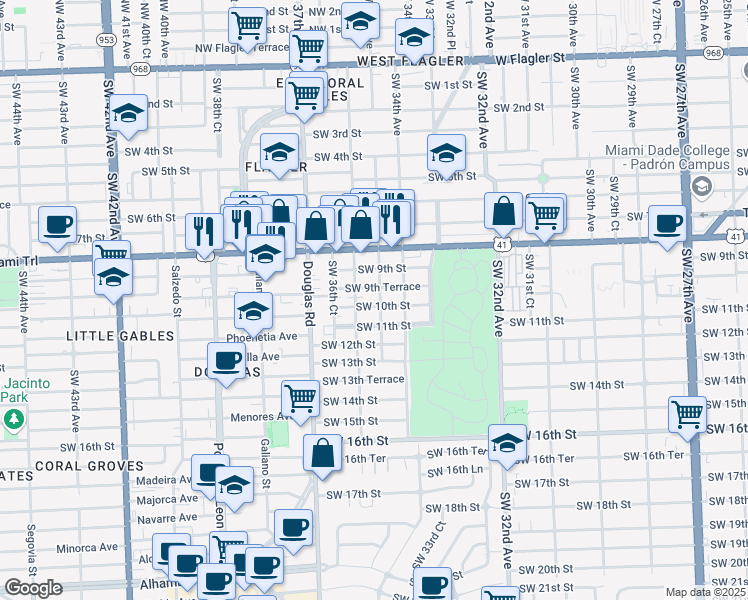 map of restaurants, bars, coffee shops, grocery stores, and more near 3600 Southwest 10th Street in Miami