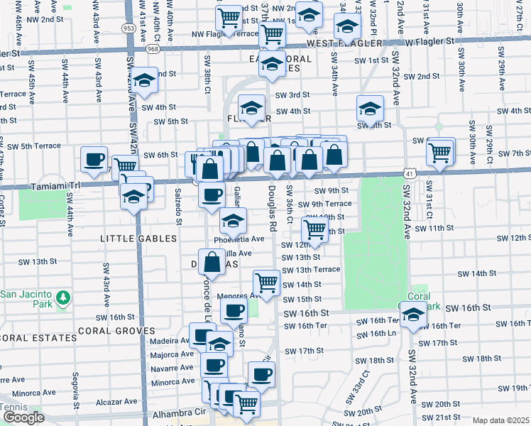 map of restaurants, bars, coffee shops, grocery stores, and more near 21 Santillane Avenue in Coral Gables