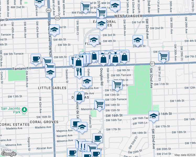 map of restaurants, bars, coffee shops, grocery stores, and more near 21 Santillane Avenue in Coral Gables