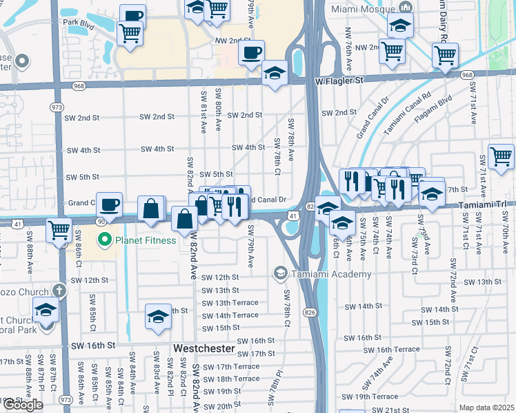 map of restaurants, bars, coffee shops, grocery stores, and more near 7864 Grand Canal Drive in Miami