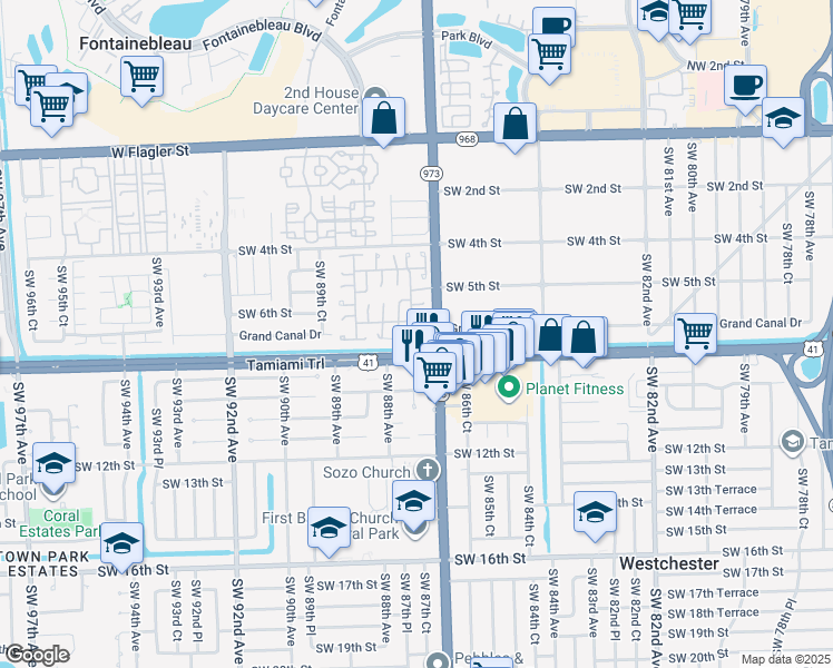 map of restaurants, bars, coffee shops, grocery stores, and more near 629 Southwest 87th Place in Miami