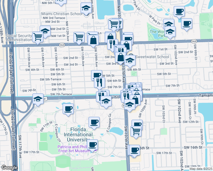 map of restaurants, bars, coffee shops, grocery stores, and more near 10848 Southwest 7th Street in Miami