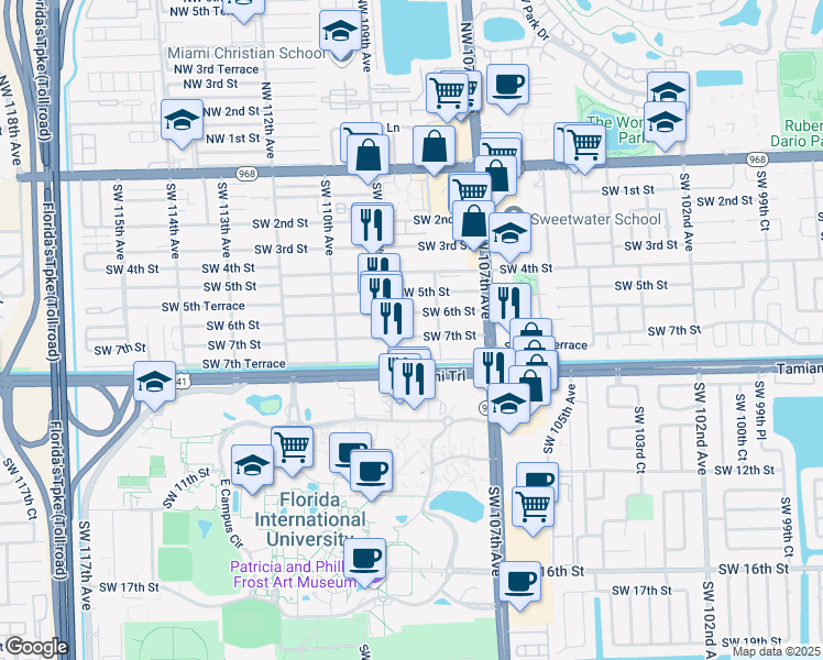 map of restaurants, bars, coffee shops, grocery stores, and more near 10848 Southwest 7th Street in Miami