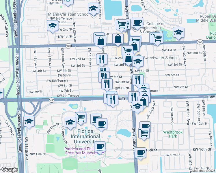 map of restaurants, bars, coffee shops, grocery stores, and more near 10848 Southwest 7th Street in Miami