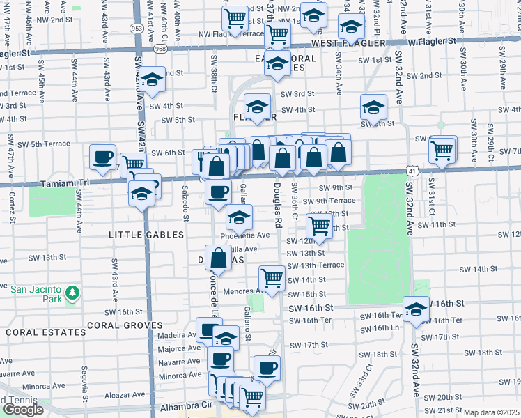 map of restaurants, bars, coffee shops, grocery stores, and more near 24 Calabria Avenue in Coral Gables