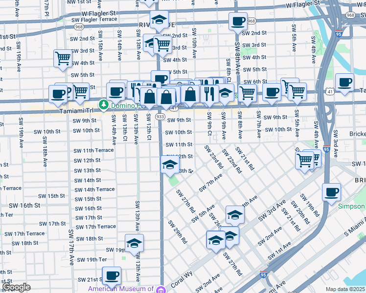 map of restaurants, bars, coffee shops, grocery stores, and more near 1115 Southwest 11th Avenue in Miami