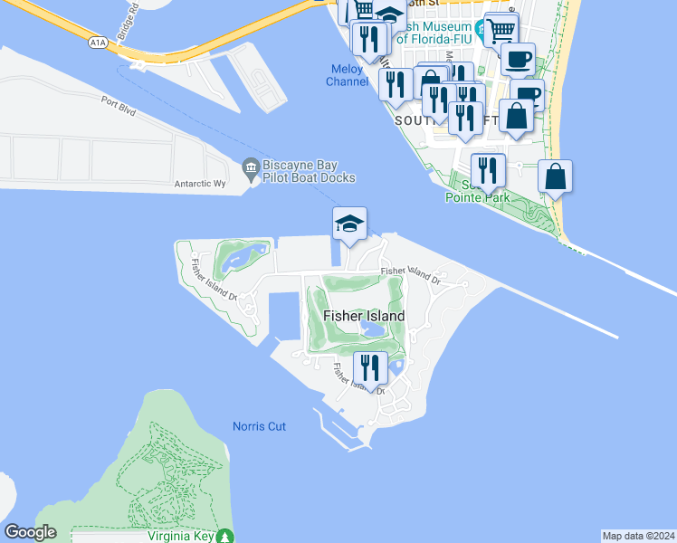 map of restaurants, bars, coffee shops, grocery stores, and more near 19144 Fisher Island Drive in Miami Beach