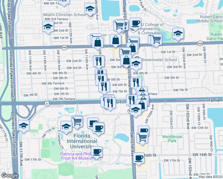 map of restaurants, bars, coffee shops, grocery stores, and more near 10848 Southwest 7th Street in Miami