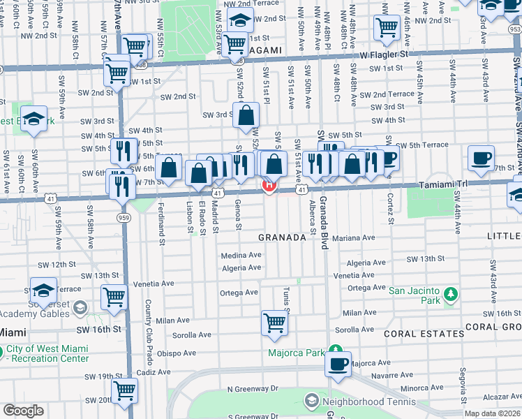 map of restaurants, bars, coffee shops, grocery stores, and more near 1221 Aguila Avenue in Coral Gables