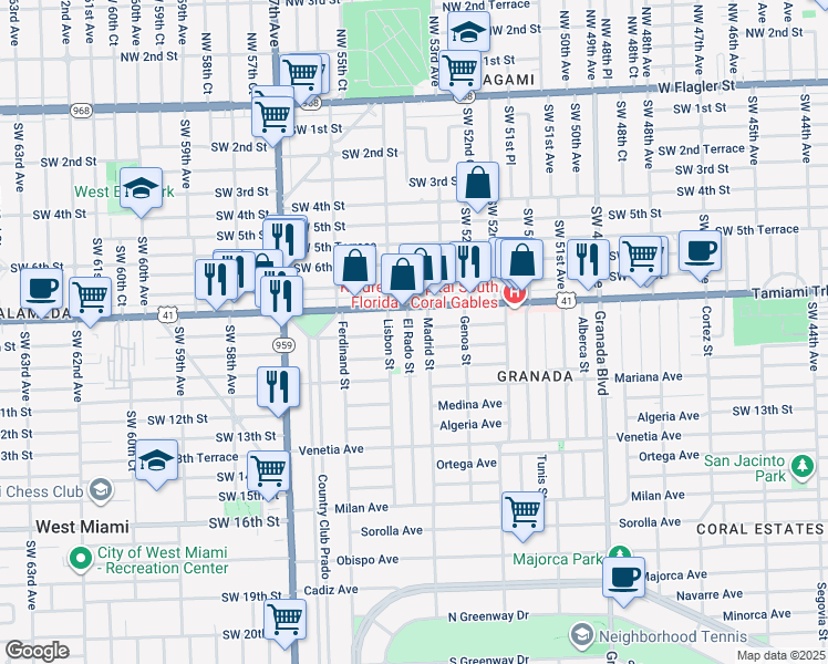 map of restaurants, bars, coffee shops, grocery stores, and more near 833 El Rado Street in Coral Gables