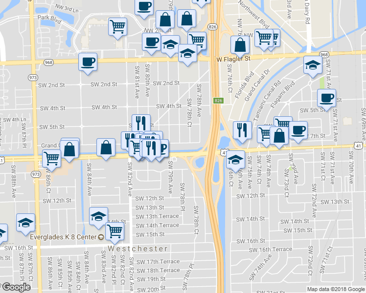 map of restaurants, bars, coffee shops, grocery stores, and more near 7864 Grand Canal Drive in Miami