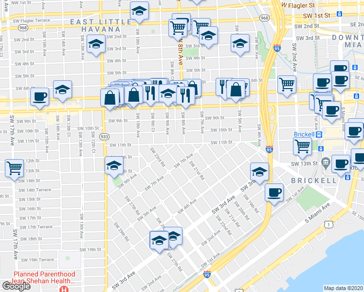 map of restaurants, bars, coffee shops, grocery stores, and more near 770 Southwest 21st Road in Miami