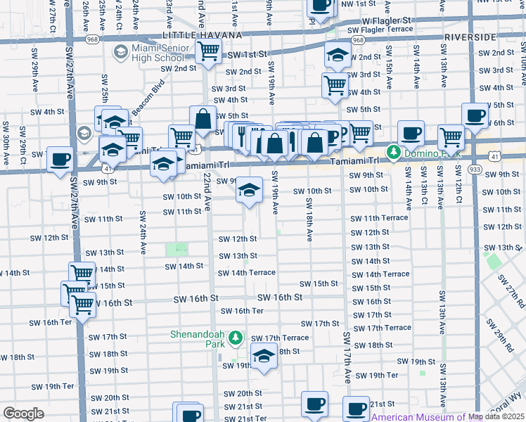 map of restaurants, bars, coffee shops, grocery stores, and more near 1111 Southwest 20th Avenue in Miami