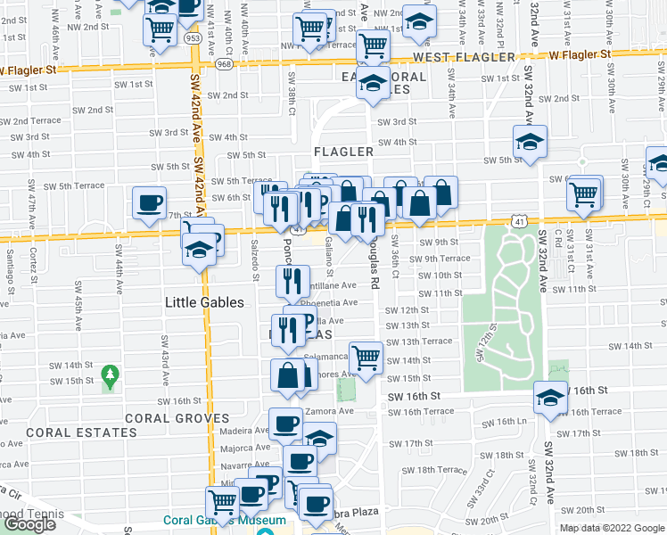 map of restaurants, bars, coffee shops, grocery stores, and more near 912 East Ponce De Leon Boulevard in Coral Gables