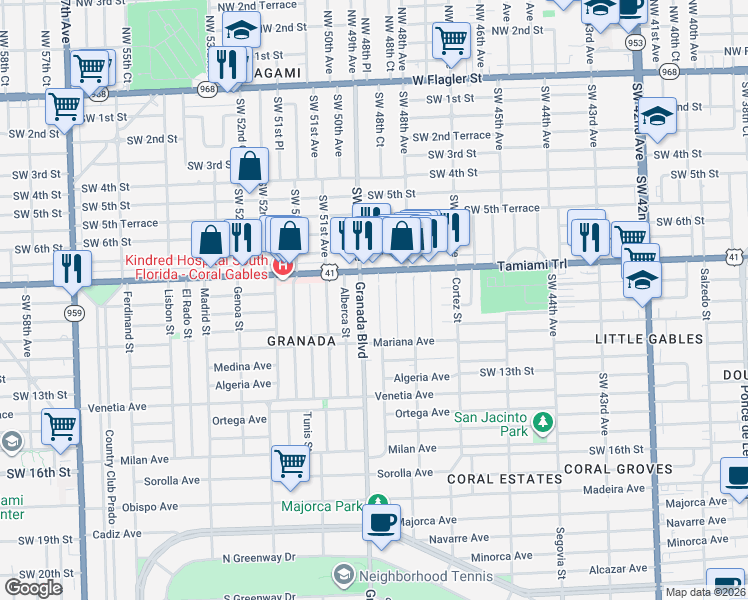 map of restaurants, bars, coffee shops, grocery stores, and more near 911 Granada Boulevard in Coral Gables
